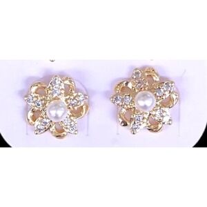 Laminated Gold Flower Earrings Pearl Rhinestone StudsFloral Jewelry Women's Gift